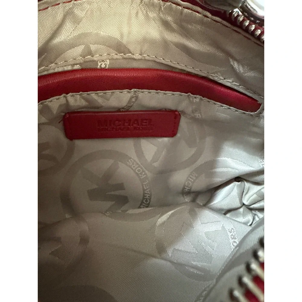 Michael Kors Red Quilted Leather Chain Pouch Clutch Wristlet Silver Hardware